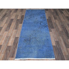 2'2"x6'2" Aqua Blue Overdyed Vintage Persian Tabriz Hand Knotted Wool Runner Rug