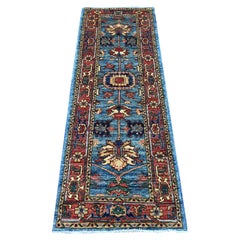 2'2"x6'3" Blue Aryana Collection Heriz Design Hand Knotted Pure Wool Runner Rug