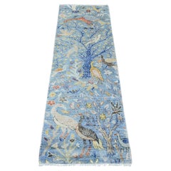 Tappeto Runner in lana annodato a mano blu Peshawar Birds of Paradise Design