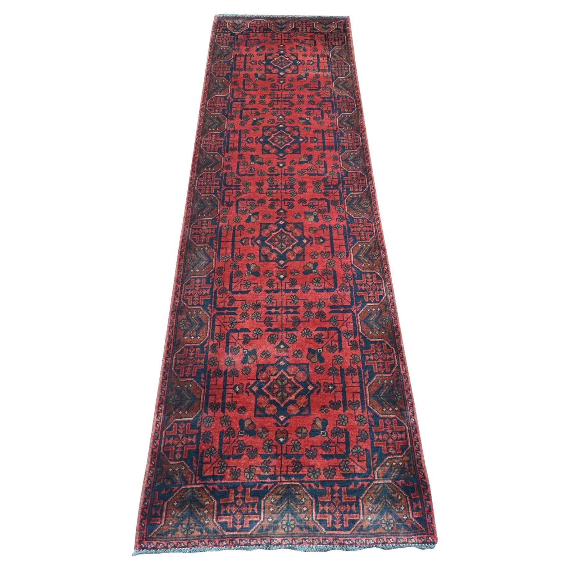2'2 "x7'9" Rouge Afghan Andkhoy Geometric Design Pure Wool Hand Knotted Runner Rug (Tapis de course en pure laine)