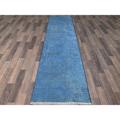2'2"x9' Blue Overdyed Vintage Persian Tabriz Hand Knotted Pure Wool Runner Rug