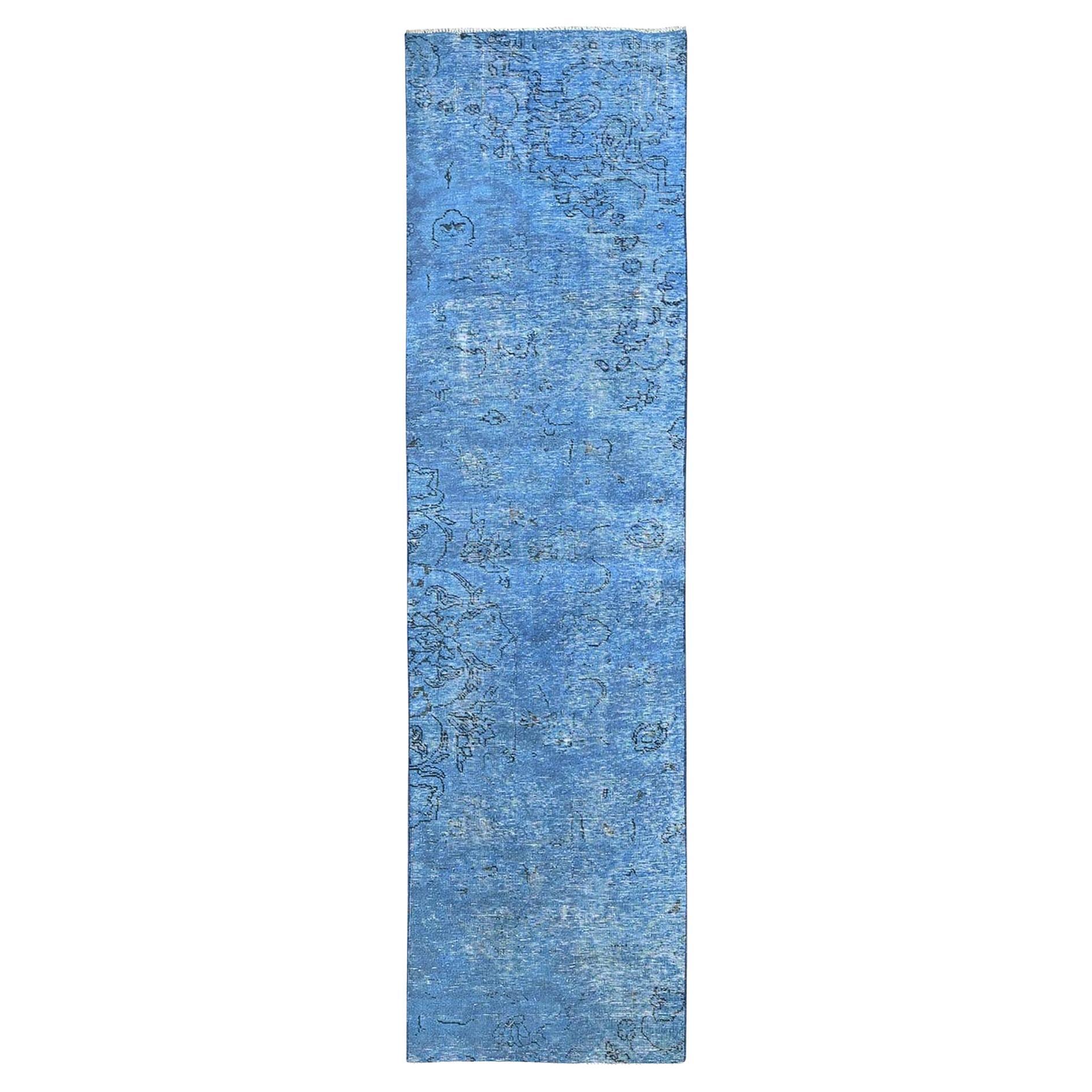 2'2"x9' Blue Overdyed Vintage Persian Tabriz Hand Knotted Pure Wool Runner Rug
