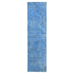 2'2"x9' Blue Overdyed Vintage Persian Tabriz Hand Knotted Pure Wool Runner Rug
