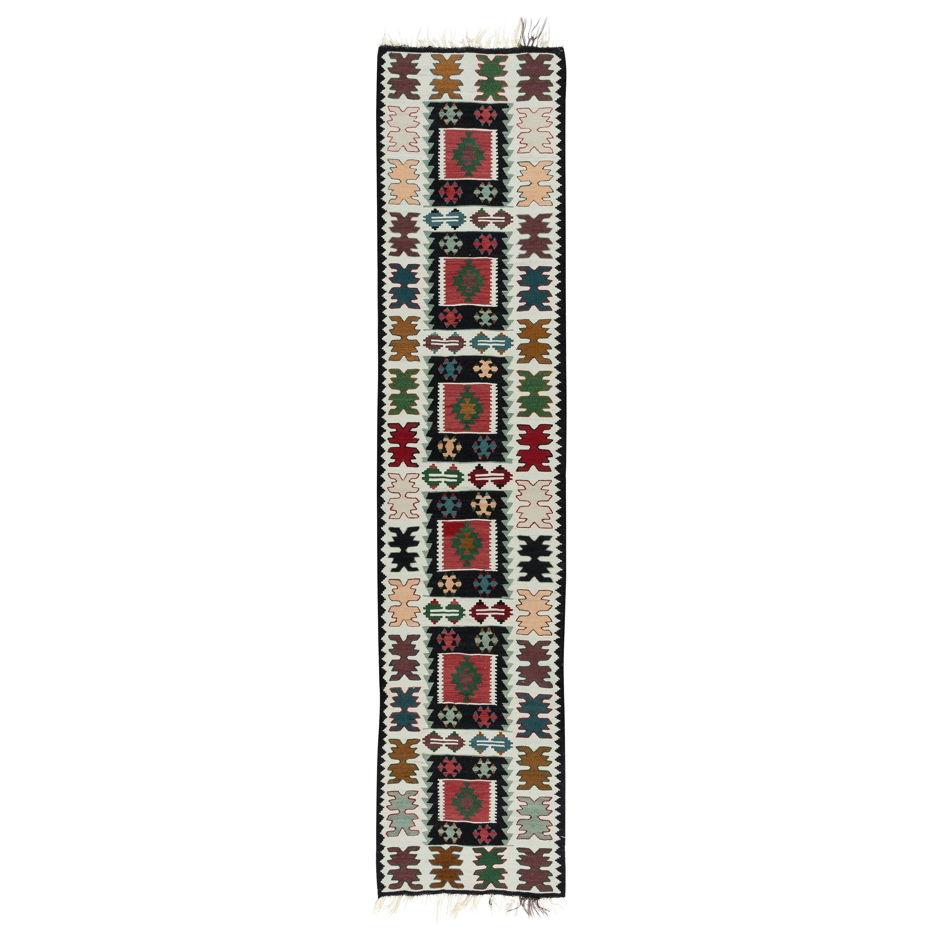 2.2x9.5 Ft Flachgewebe Bunt Schmal Läufer Kilim, Handgewebte Türkische Flur Teppich im Angebot
