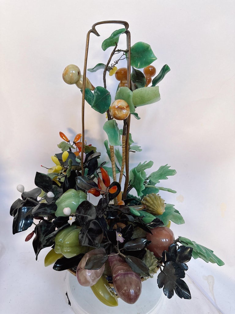 Antique Chinese Jade Bonsai in Gilt Cloisonné Basket Pot For Sale at