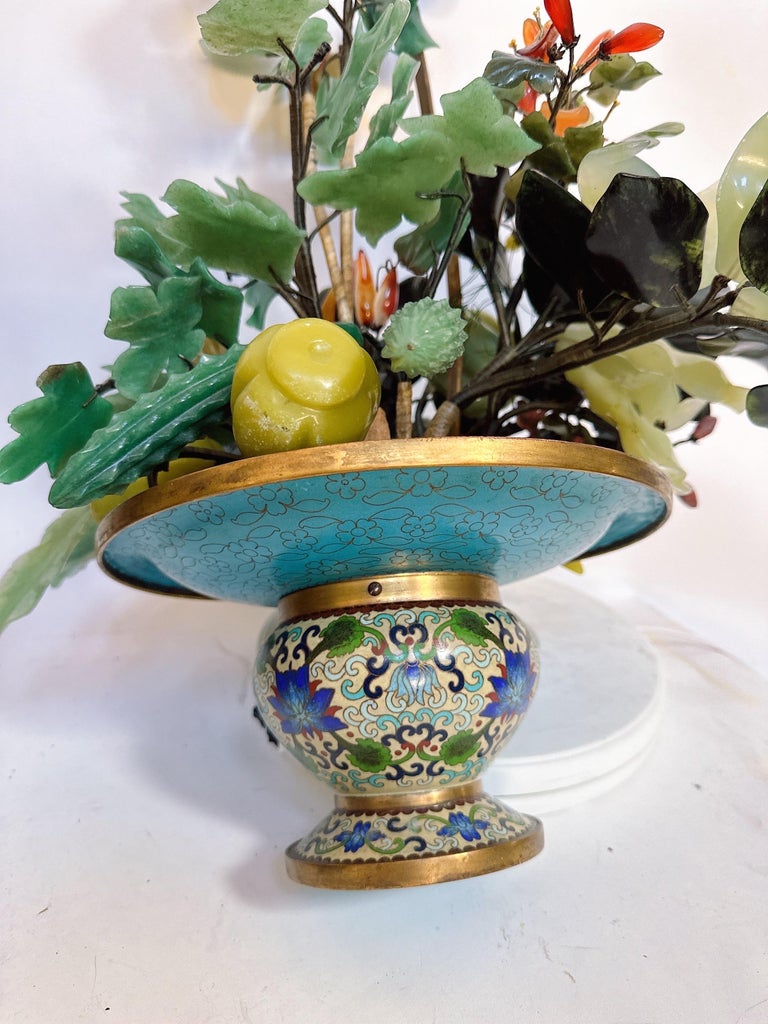 Antique Chinese Jade Bonsai in Gilt Cloisonné Basket Pot For Sale at