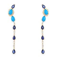 23 Blue Sapphire Diamond 14K (or 18k upon request) Yellow Gold Drop Earrings