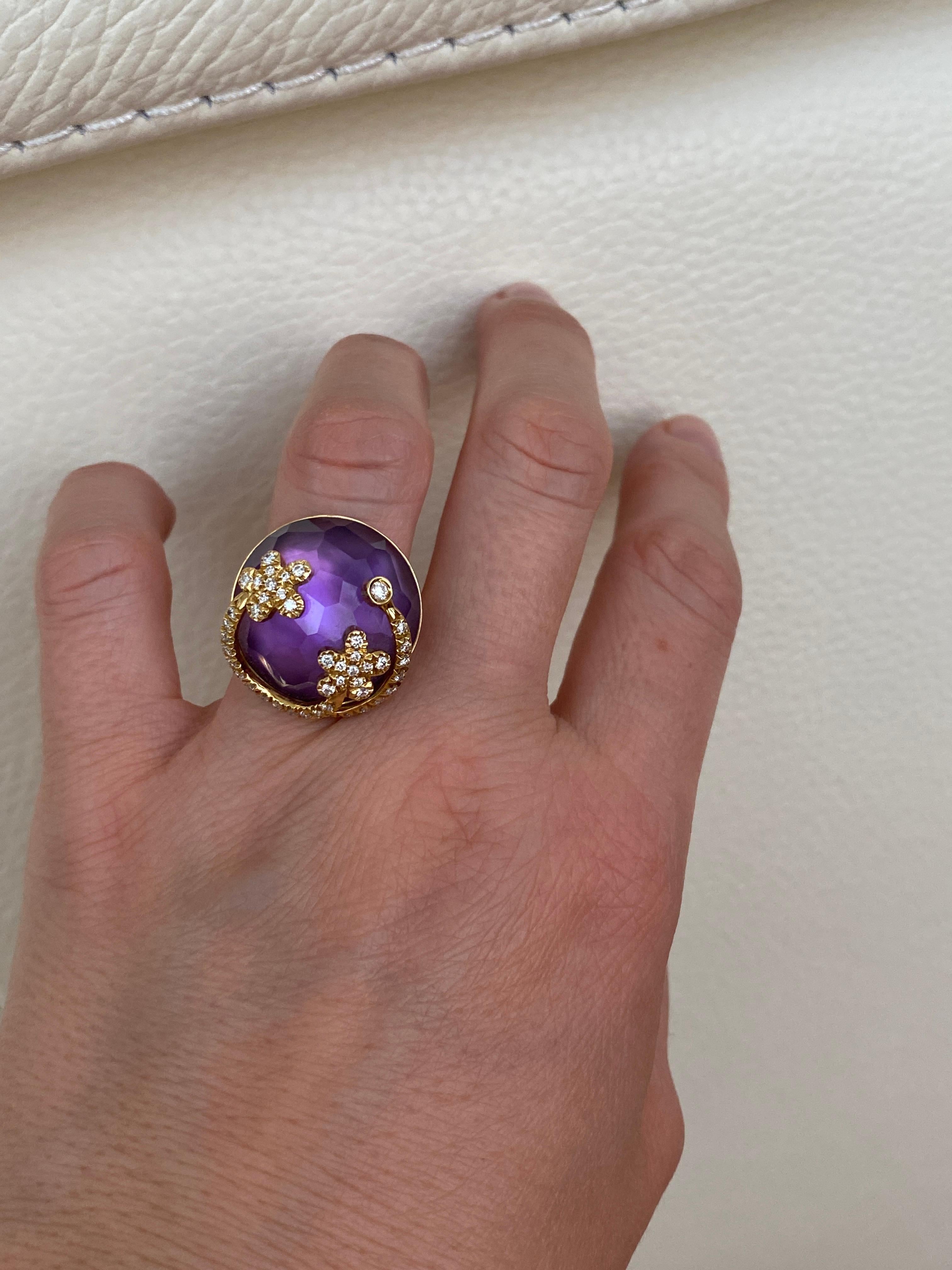 Contemporary 23 Carat Amethyst Cocktail Ring in 18 Karat Yellow Gold with Diamond