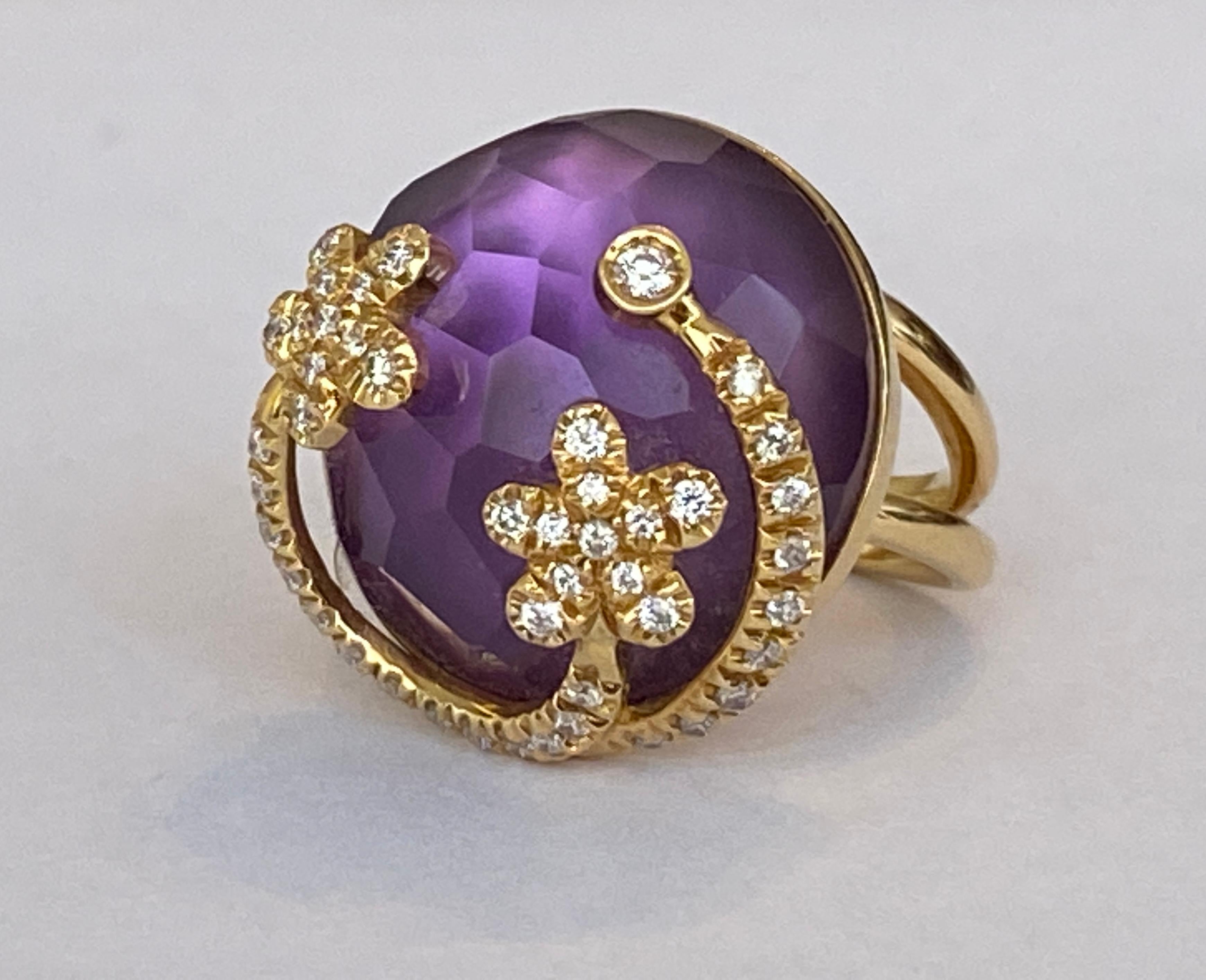 Women's or Men's 23 Carat Amethyst Cocktail Ring in 18 Karat Yellow Gold with Diamond