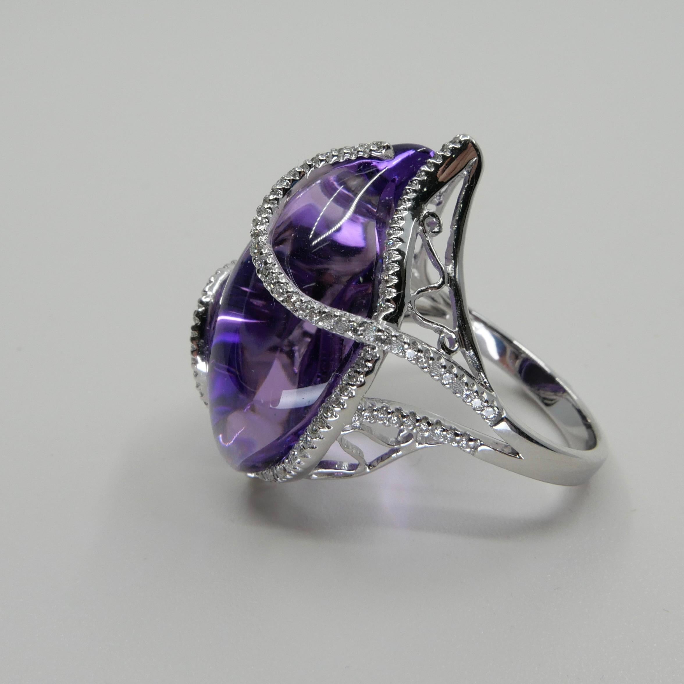 30mm x 18mm Amethyst & Diamond Cocktail Ring. Large Statement Ring. For Sale 7