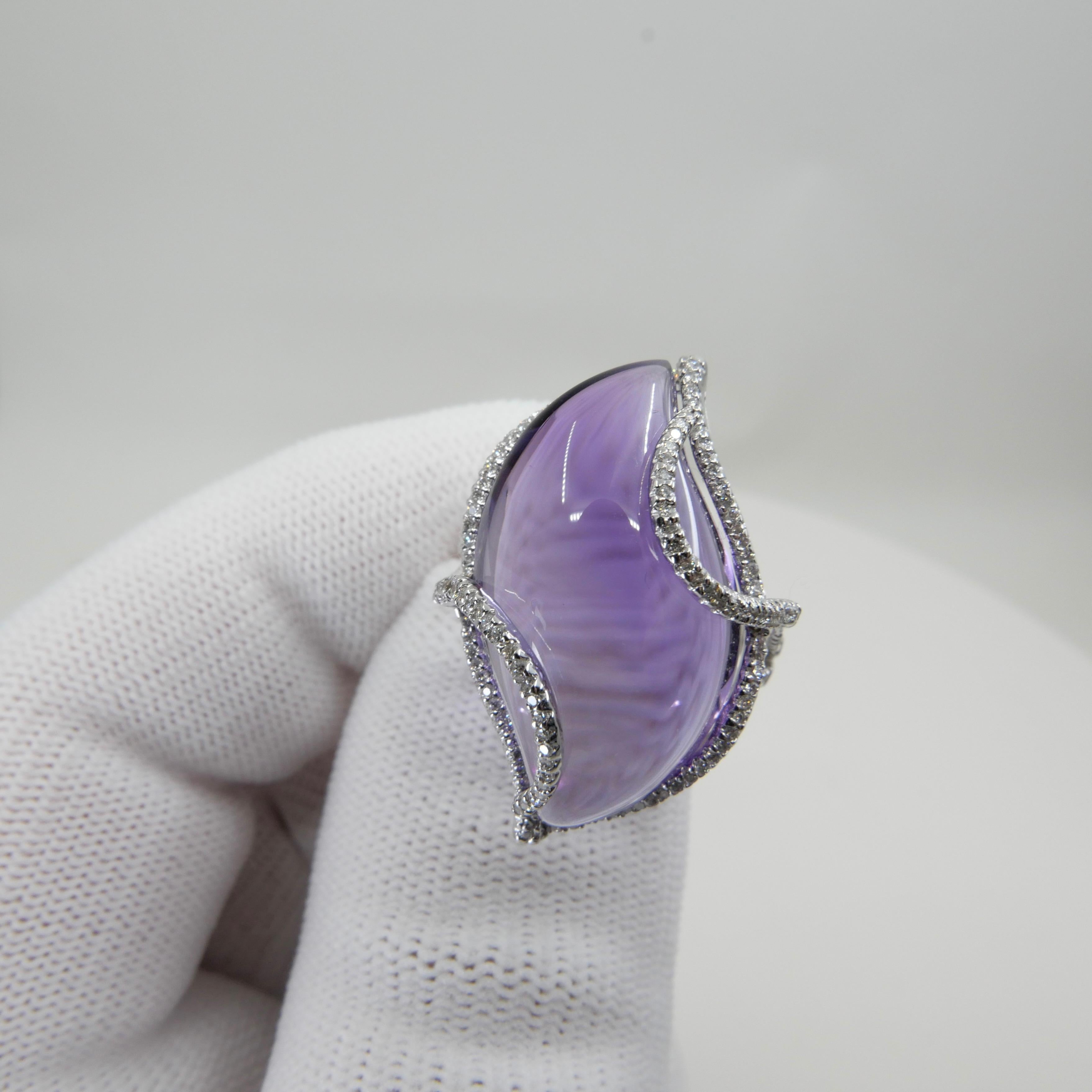 Cabochon 23 Carat Amethyst & Diamond Cocktail Ring. Large Contemporary Statement Ring.    For Sale