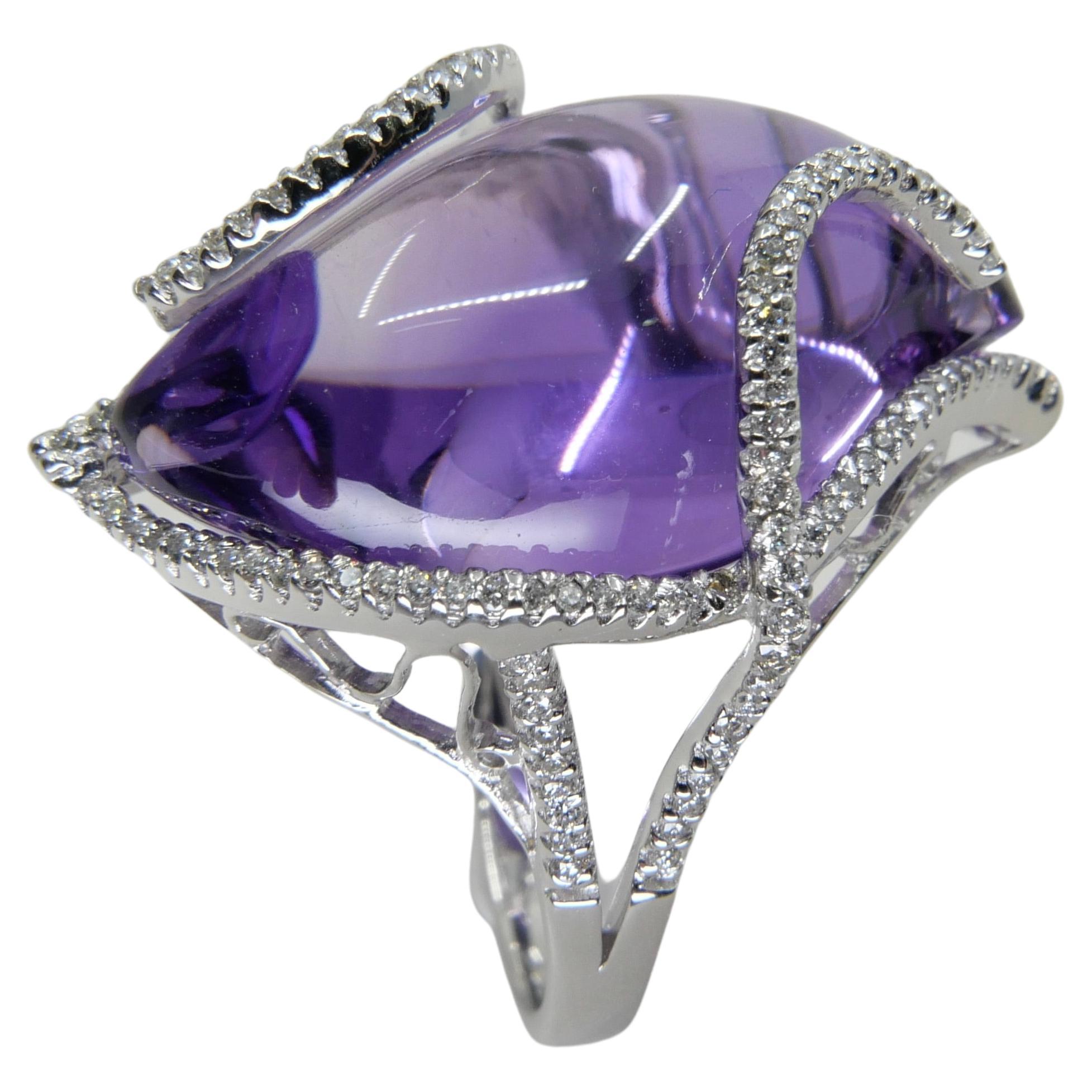 Cabochon 30mm x 18mm Amethyst & Diamond Cocktail Ring. Large Statement Ring. For Sale