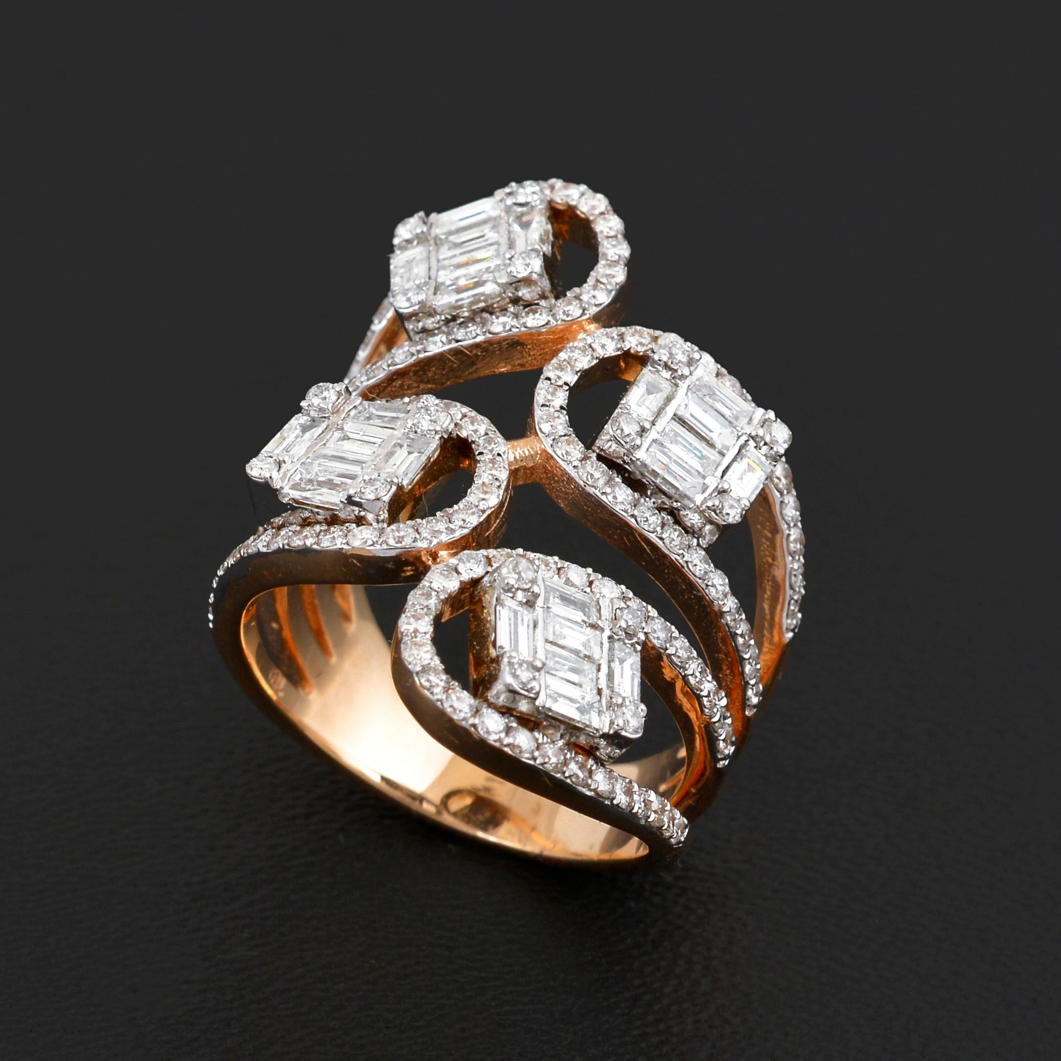 Women's Natural 2.3 Carat Baguette Round Diamond Wrap Ring 18 Karat Yellow Gold Jewelry For Sale