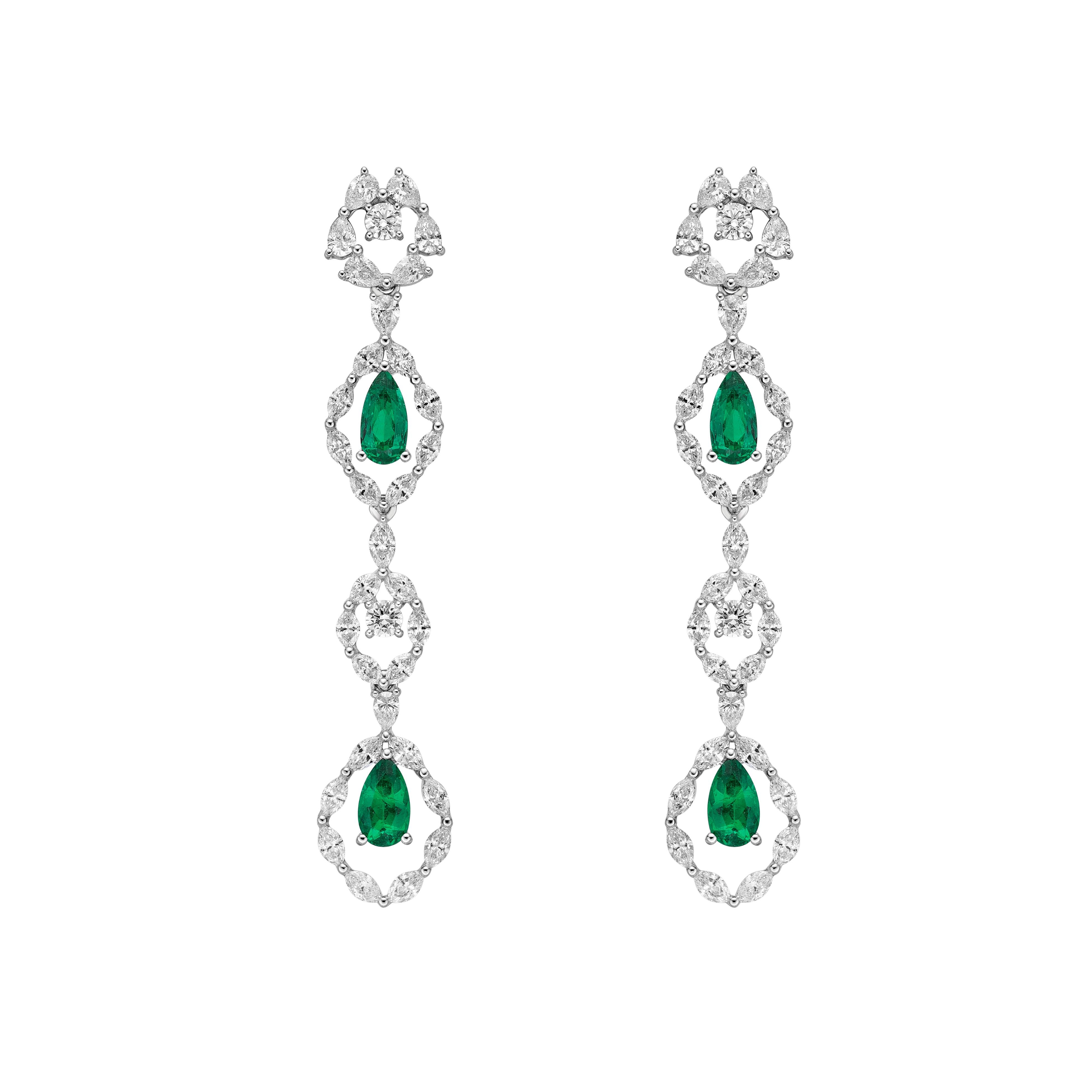 Contemporary 2.3 Carat Colombian Emerald and Diamond Earrings in 18 Karat White Gold For Sale