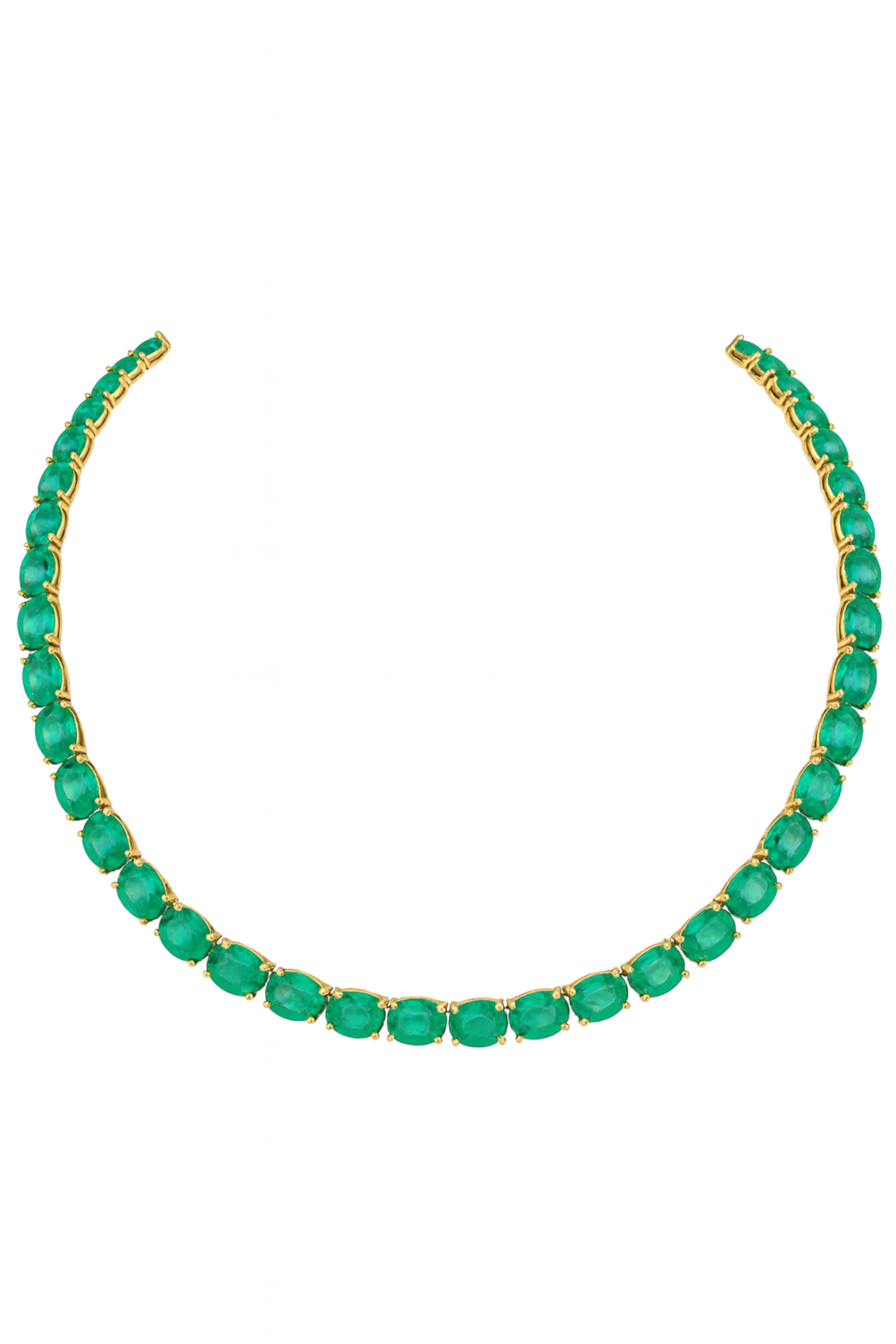Taille ovale Collier de tennis en émeraude colombienne de 23 carats  Fabriqué en or jaune massif 18K en vente