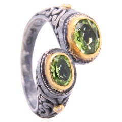 2.3 Carat Double Oval Peridot Ring & Diamond Accents Filigree Ring 24K Gold & SS