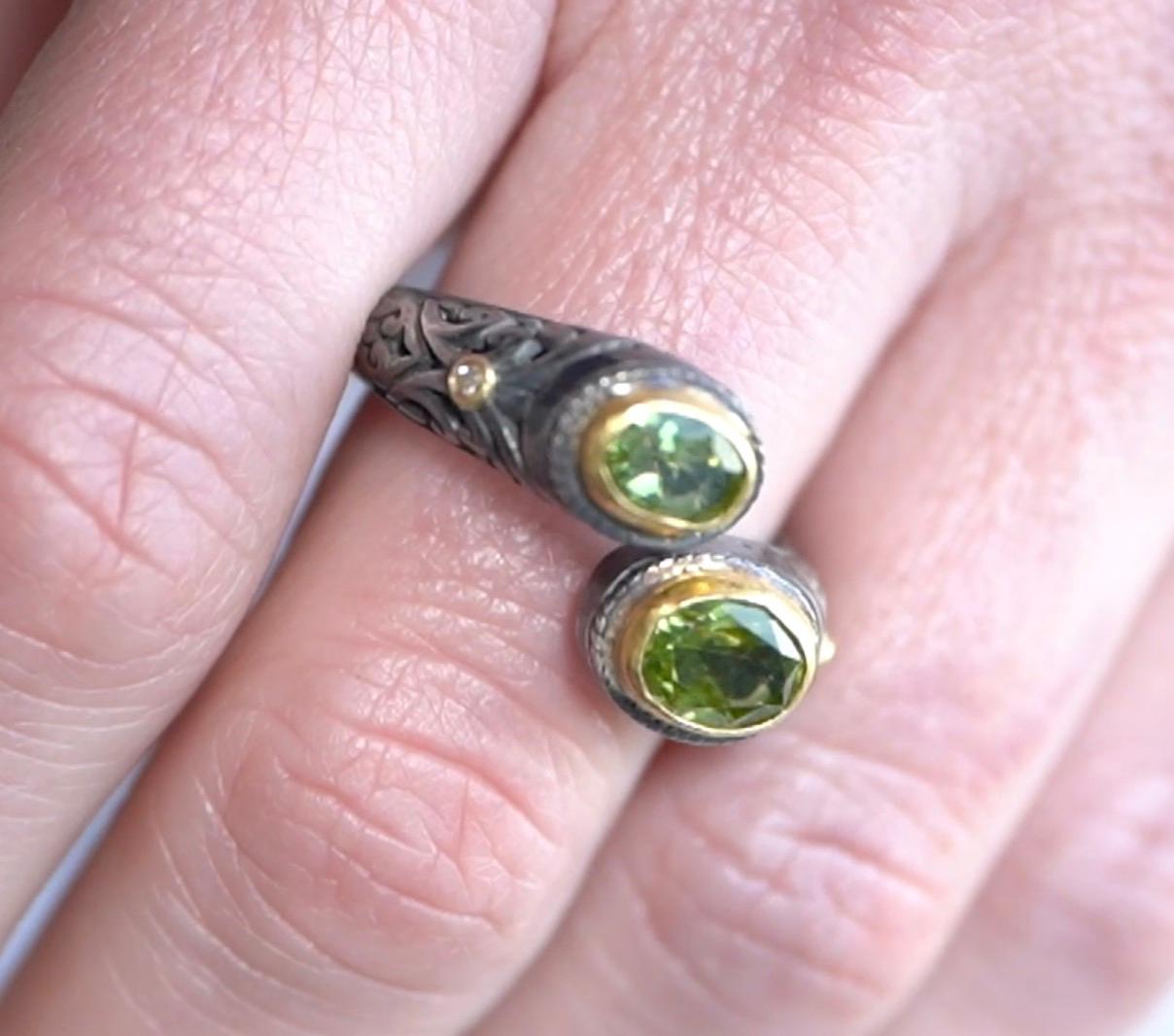 Artisan 2.3 Carat Double Oval Peridot Ring & Diamond Accents Filigree Ring 24K Gold & SS For Sale