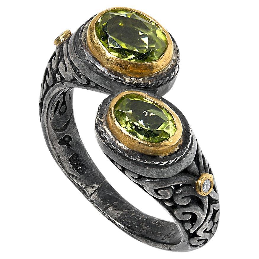 2.3 Carat Double Oval Peridot Ring & Diamond Accents Filigree Ring 24K Gold & SS For Sale