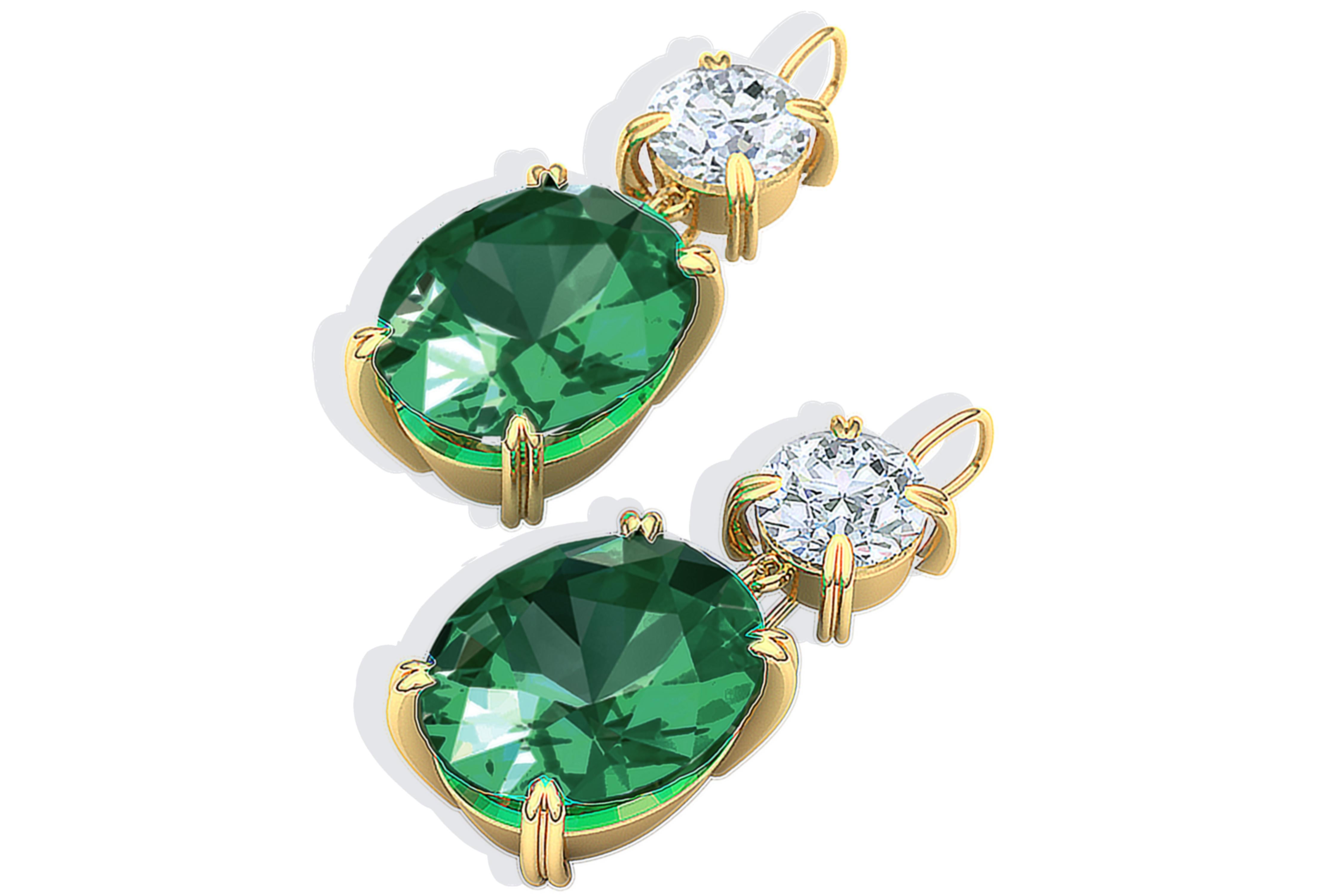 A simple sophisticated earring doesn't need much when you have a gorgeous green emerald paired with a pure cool white diamond.  These classic and timeless earrings have a one carat oval cut emerald at the bottom of each earring and a .10 to .15