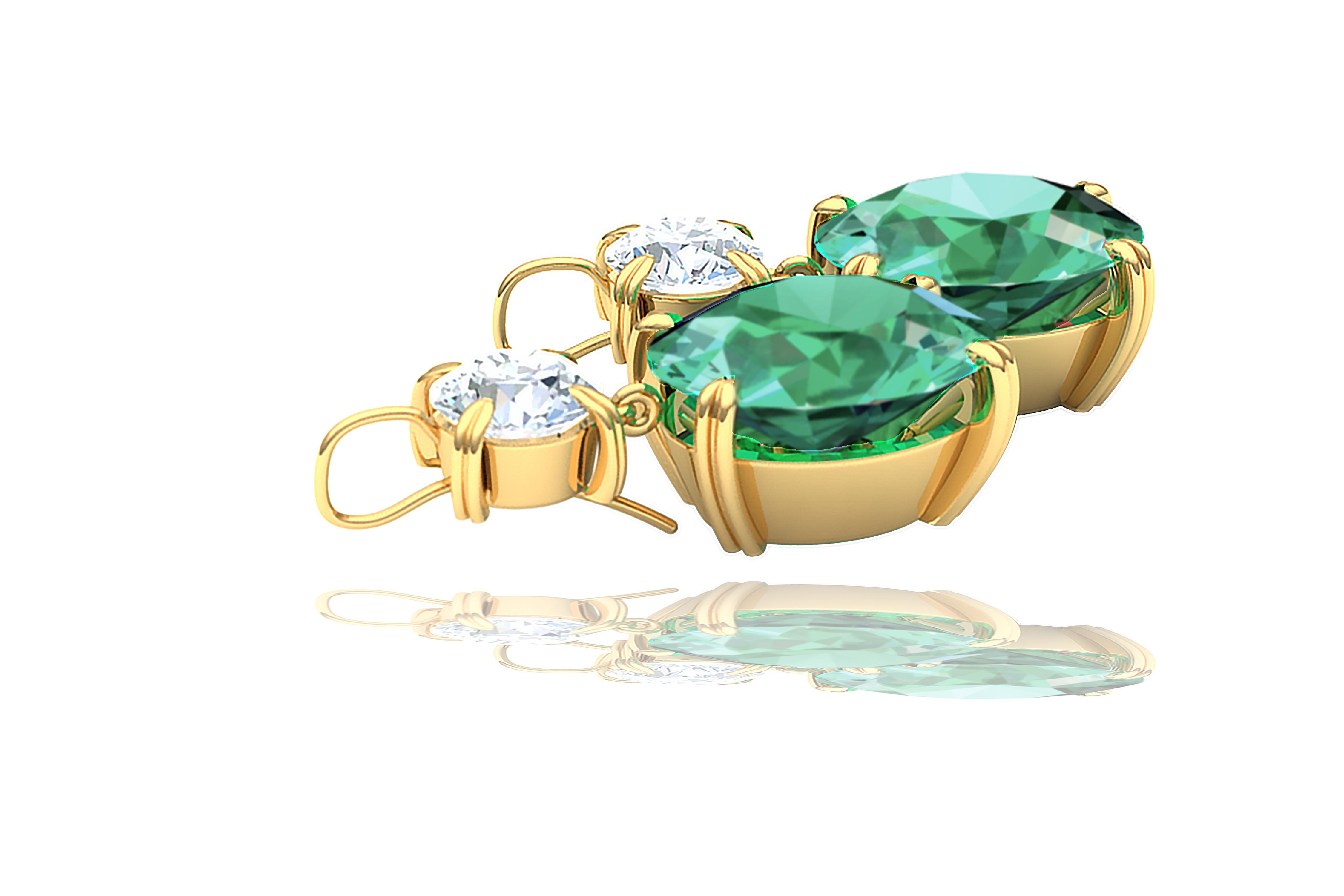 Oval Cut 2.3 Carat Emerald and Diamond Drop Earrings For Sale