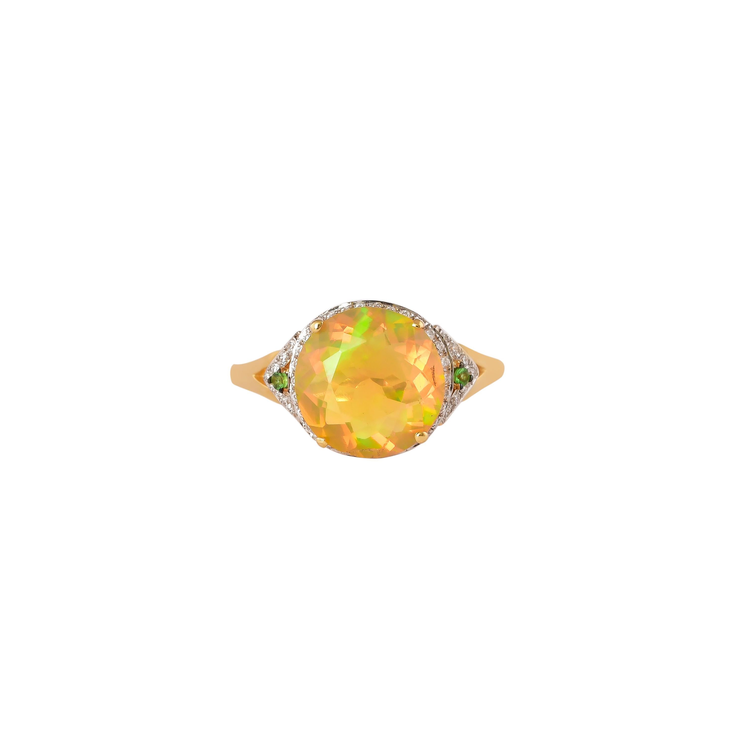 Round Cut 2.3 Carat Ethiopian Opal with Tsavorite and Diamond Ring in 18 Karat Yellow Gold