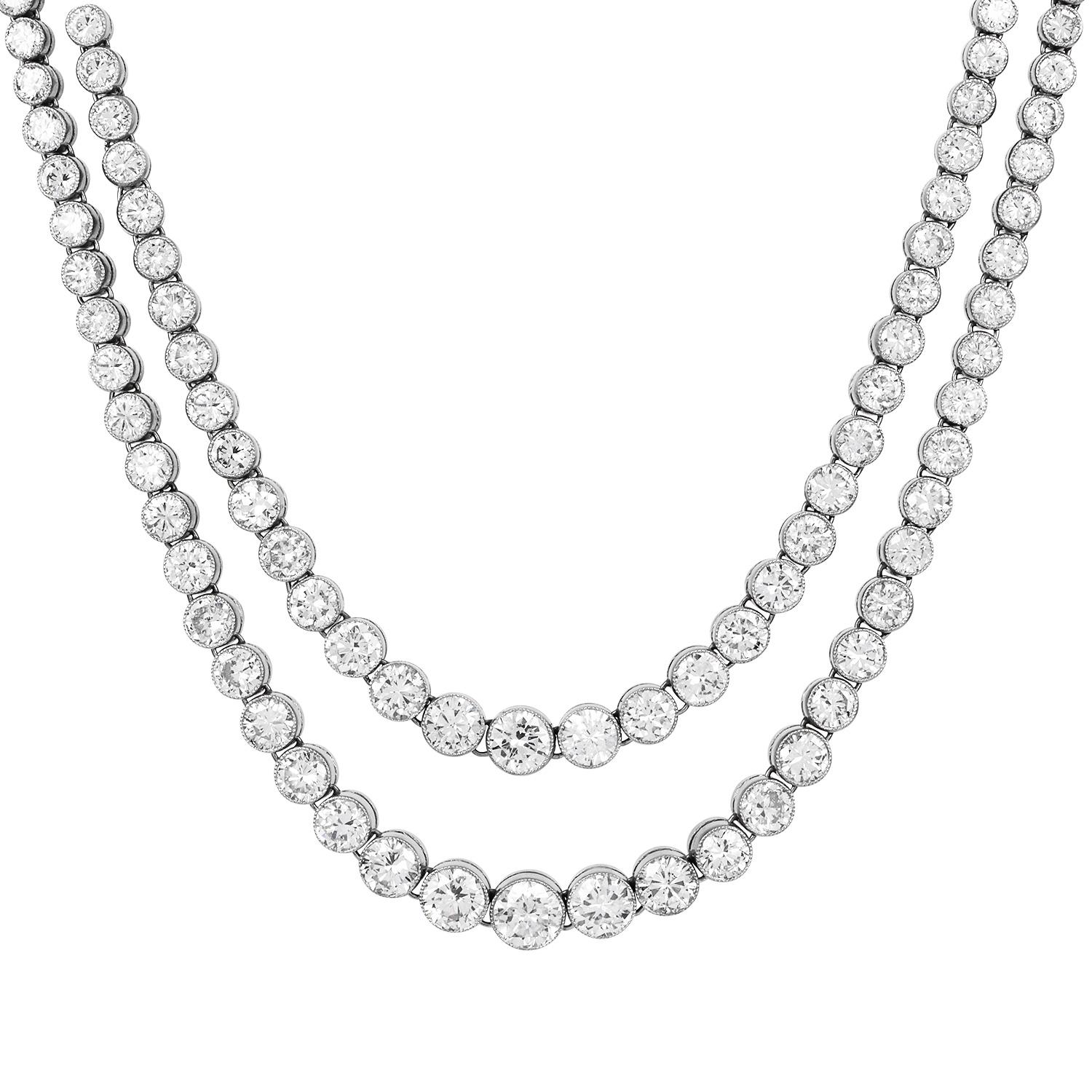 Taglio rotondo 23 Carati Extra Clean Diamante Naturale Due Fili Riviera Tennis Collana in Platino in vendita