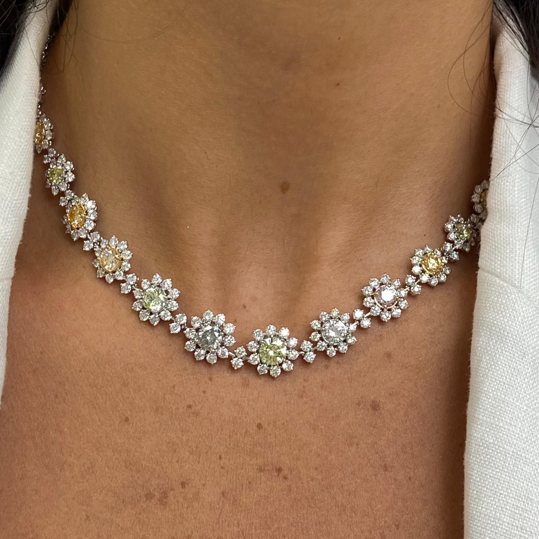 Round Cut Rare Colors Mixed Fancy Color Diamond Floral Necklace For Sale