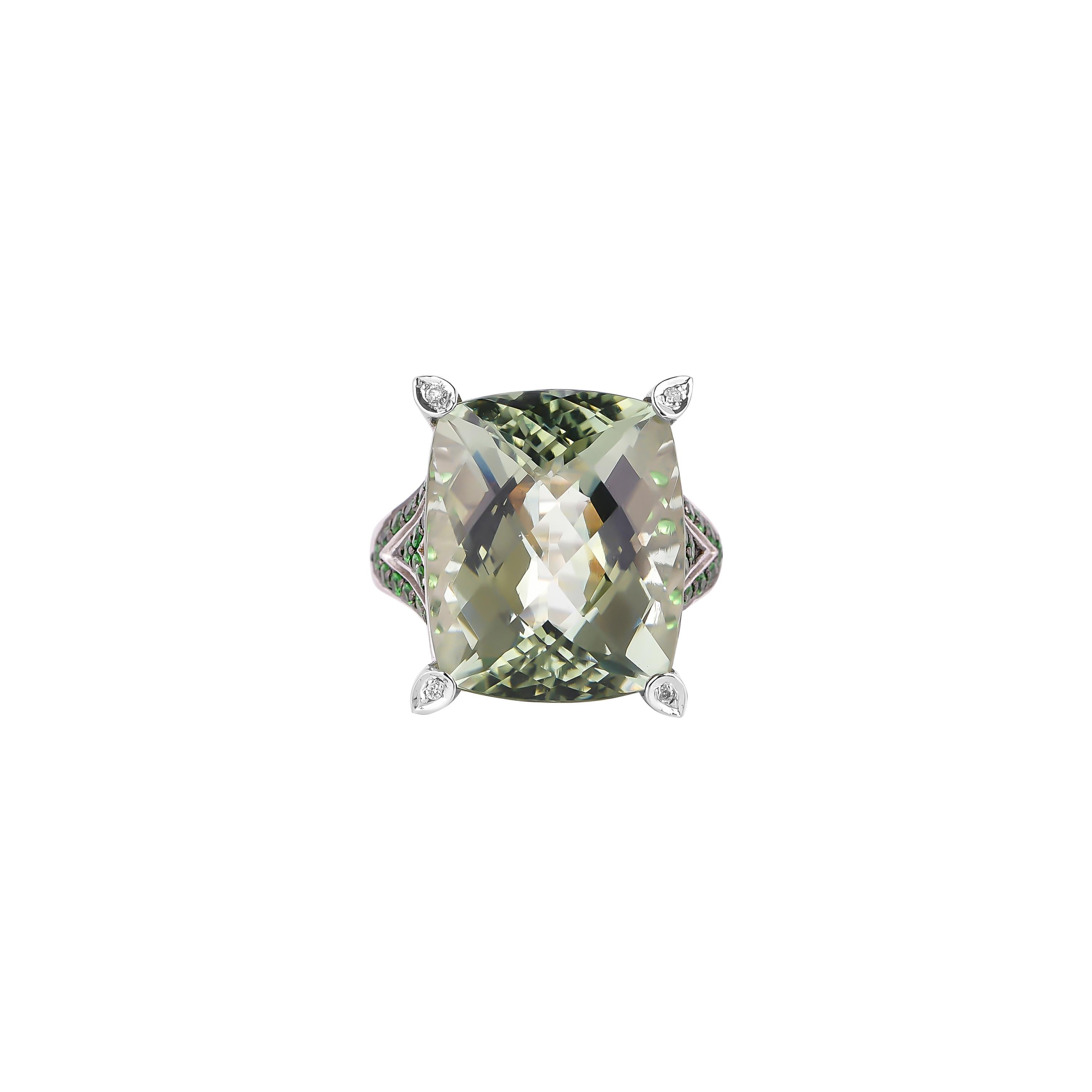 Cushion Cut 23 Carat Green Amethyst, Tsavorite and Diamond Ring in 14 Karat White Gold