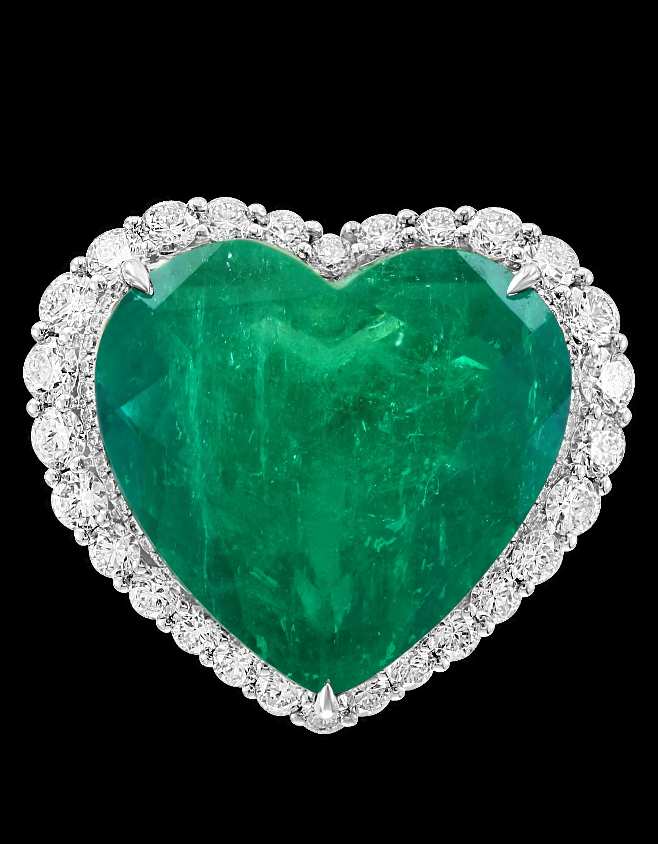 Heart Cut AGL Certified Minor 23+ Ct Heart Shape  Colombian Emerald & Diamond 18 Kt Ring 