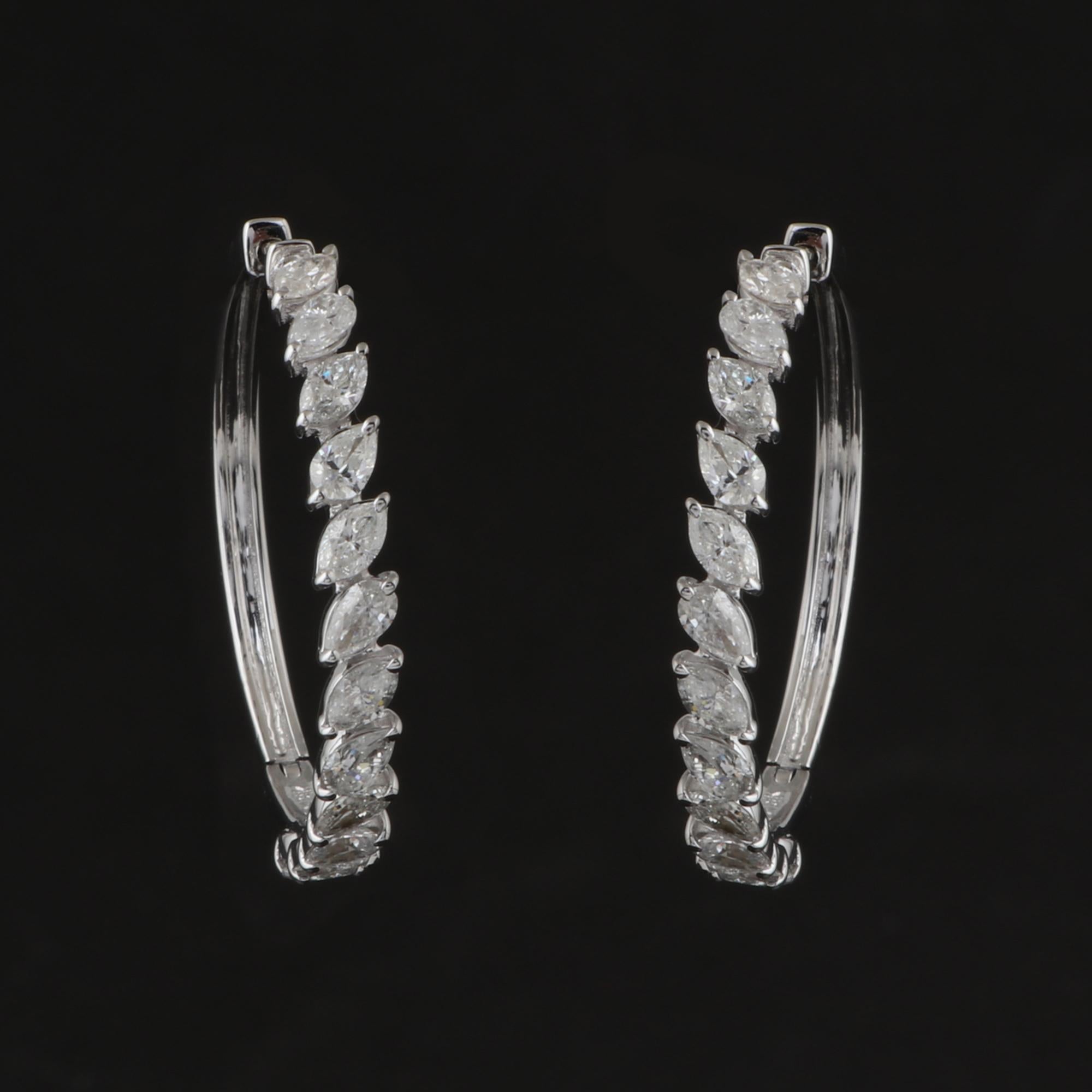 Modern 2.3 Carat Marquise Shape Diamond Hoop Earrings 18 Karat White Gold Fine Jewelry For Sale