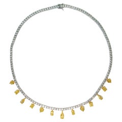 23 Carat Mix Shaped Yellow & Colorless Diamond, 18k White Gold, Tennis Necklace