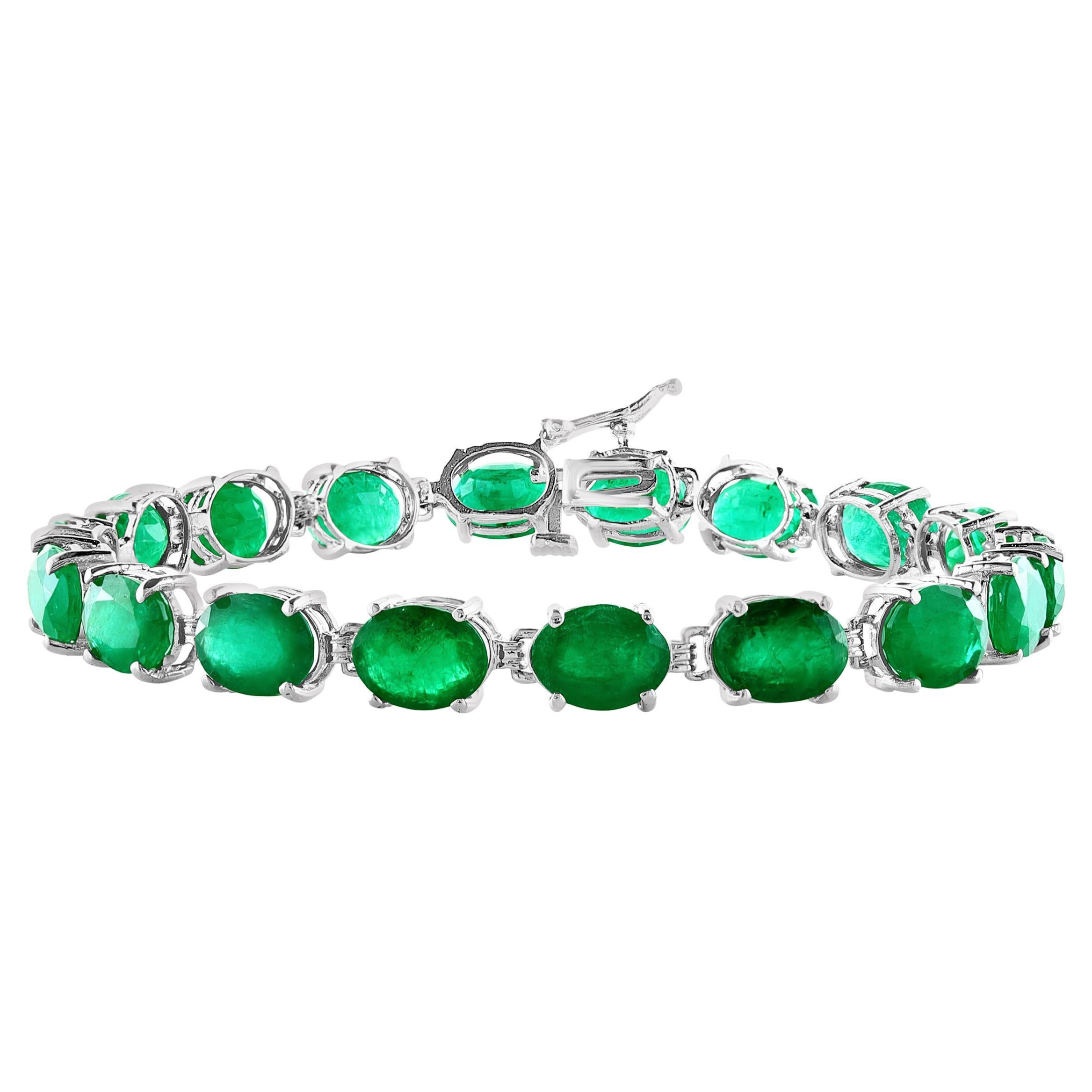 23 Carat Natural Emerald Cocktail Tennis Bracelet 14 Karat White Gold For Sale