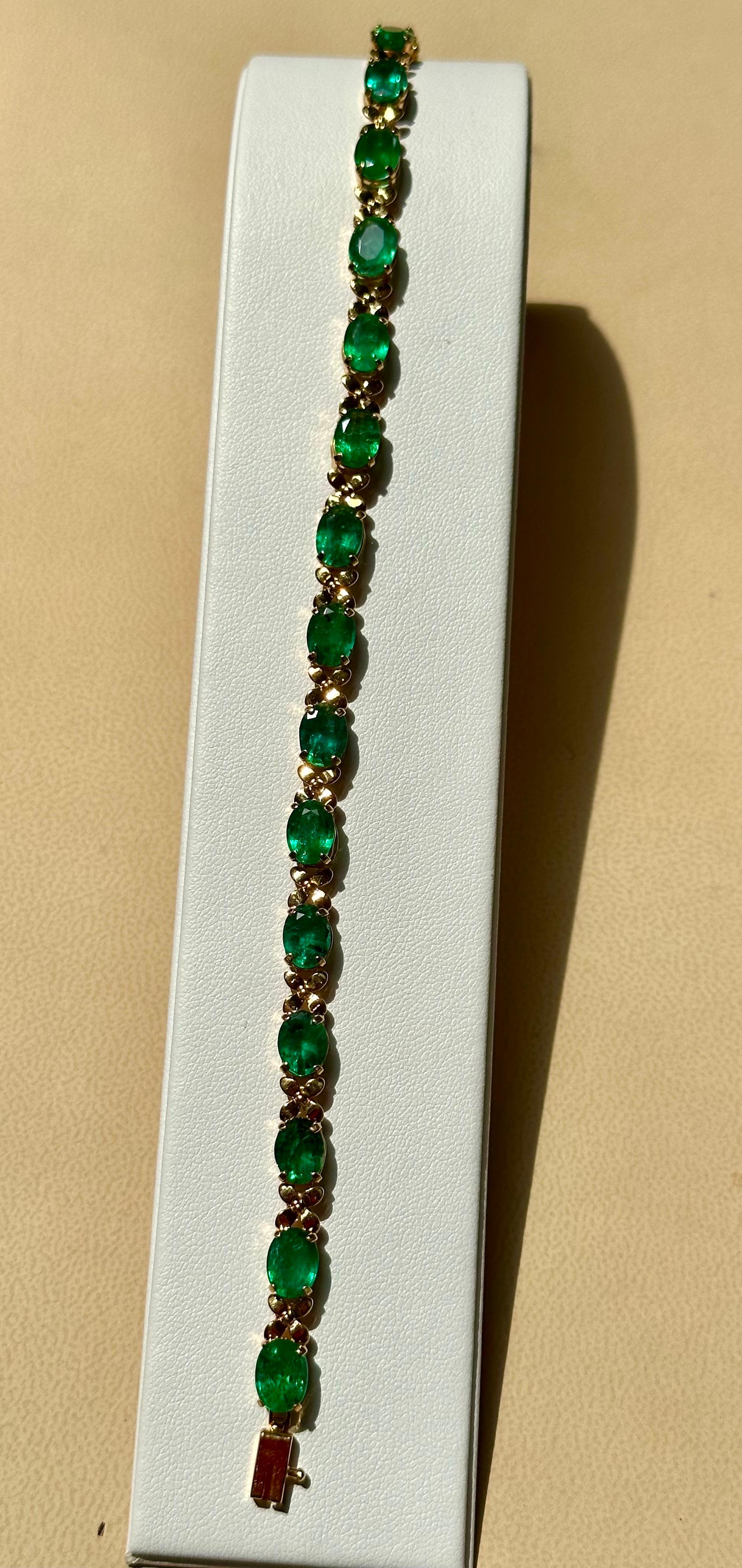  This exceptionally affordable Tennis  bracelet has  15  stones of oval  Emeralds  .  Total weight of the Emeralds is  approximately 23 carat. 
The bracelet is expertly crafted with 11  grams of  14 karat Yellow  gold . Have a safety clasp