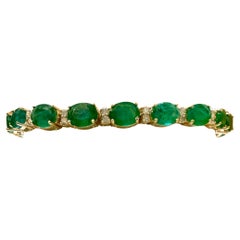 23 Carat Natural Zambian Emerald & 1.6 Ct Diamond Tennis Bracelet 14 Karat Gold