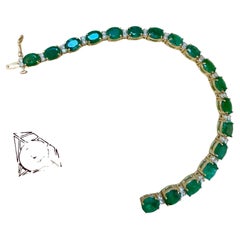23 Carat Natural Zambian Emerald & 1.6 Ct Diamond Tennis Bracelet 14 Karat Gold