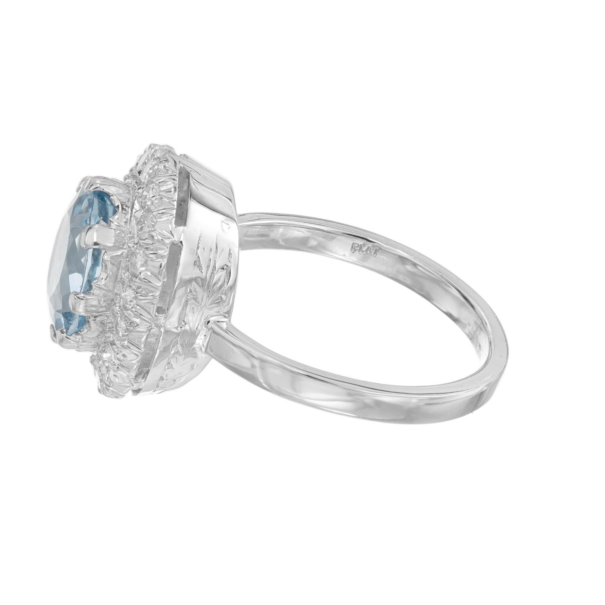 2.3 Carat Oval Aquamarine Diamond Platinum Halo Ring  In Good Condition For Sale In Stamford, CT