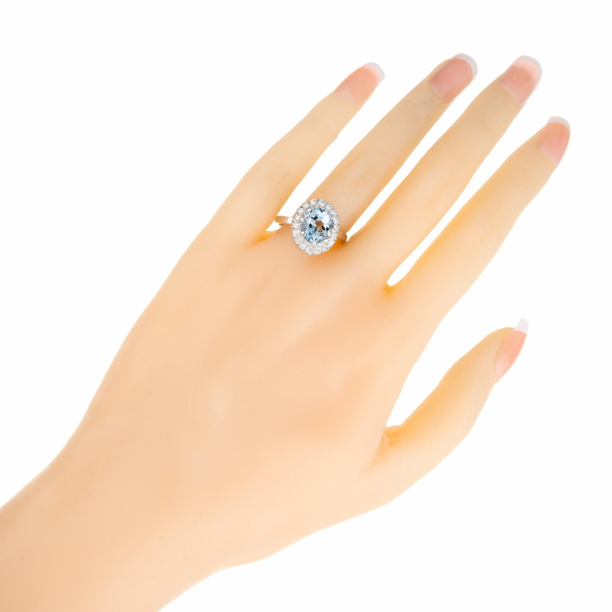 2.3 Carat Oval Aquamarine Diamond Platinum Halo Ring  For Sale 2