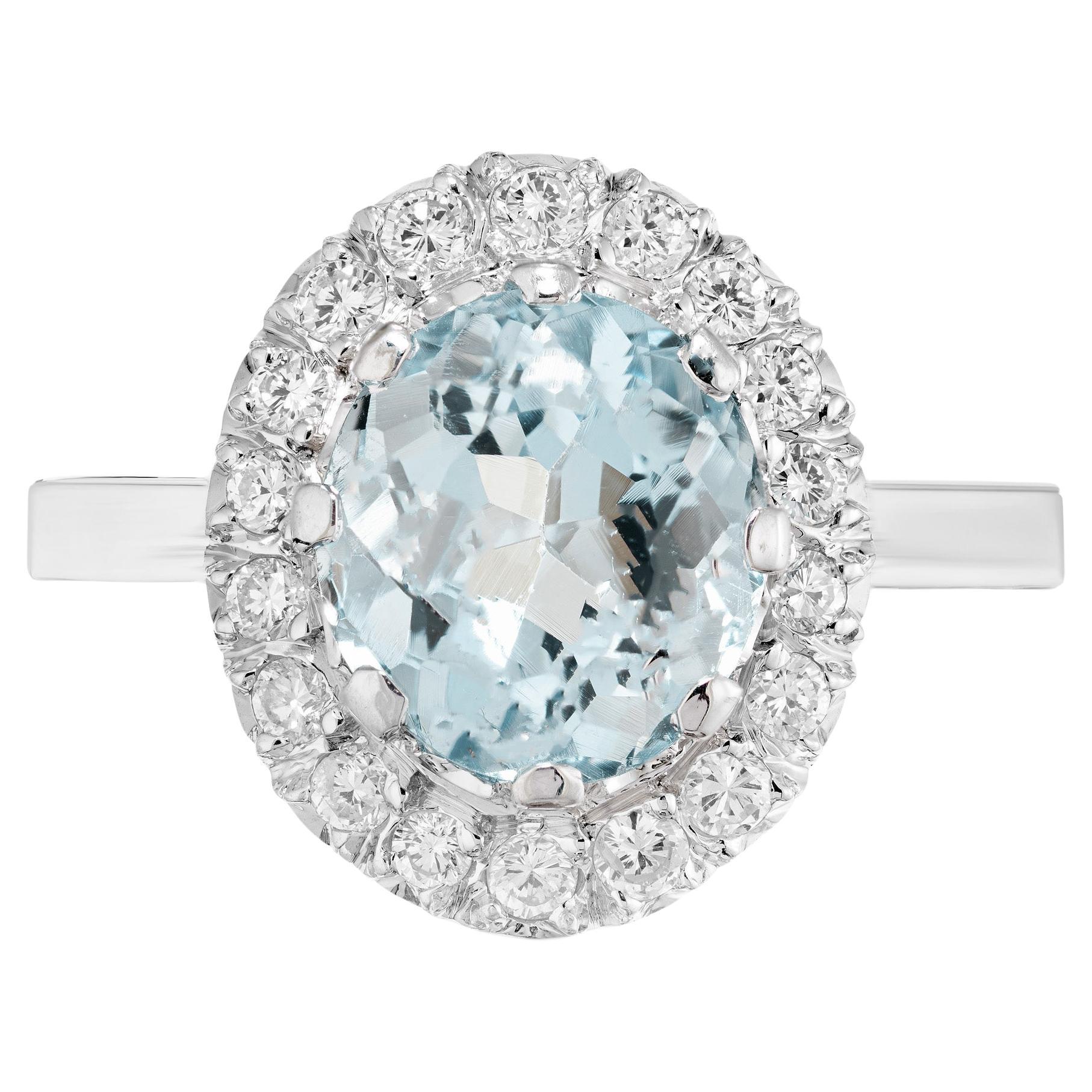 2.3 Carat Oval Aquamarine Diamond Platinum Halo Ring  For Sale
