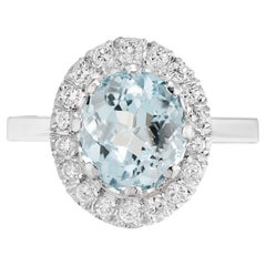 2.3 Carat Oval Aquamarine Diamond Platinum Halo Ring 