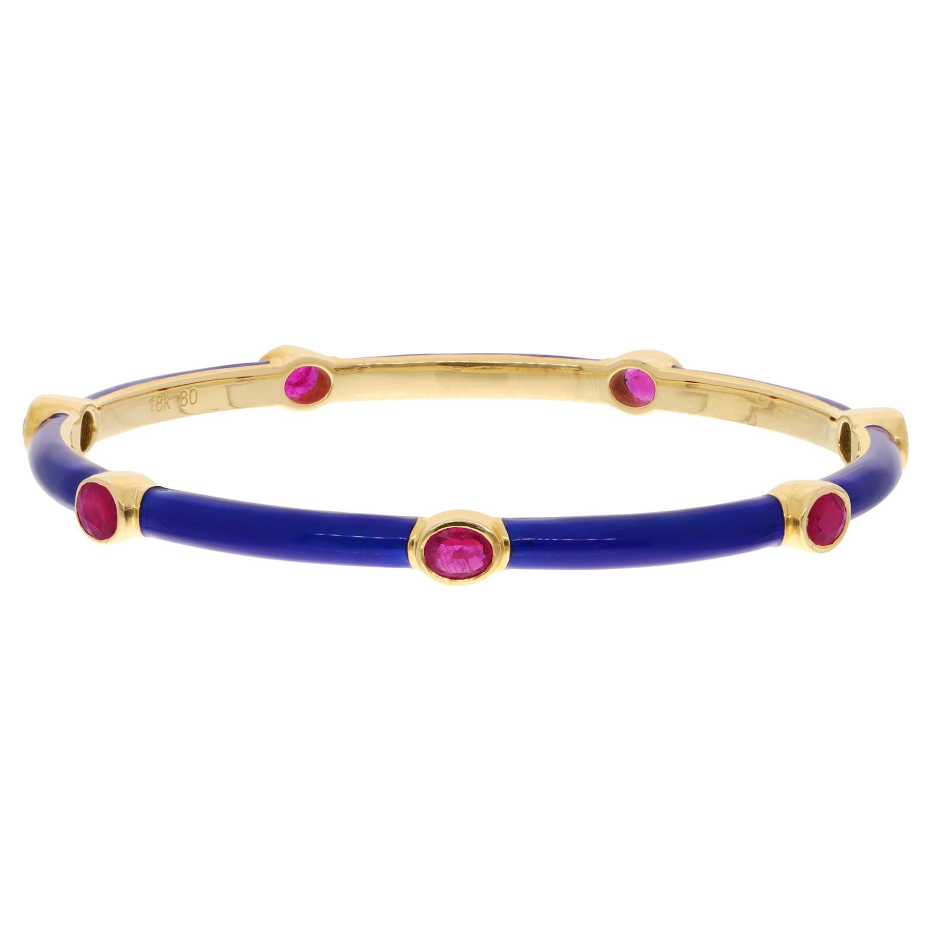 2.3 Carat Oval Ruby Gemstone Enamel Bangle Bracelet 14 Karat Yellow Gold Jewelry