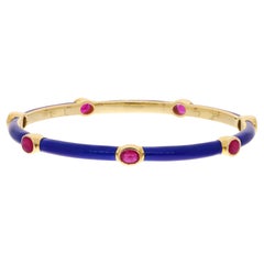 2.3 Carat Oval Ruby Gemstone Enamel Bangle Bracelet 14 Karat Yellow Gold Jewelry