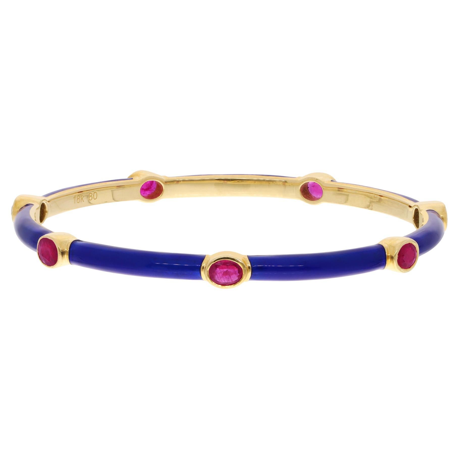 Bracelet jonc en or jaune 14 carats avec rubis ovale de 2,3 carats et pierres précieuses émaillées