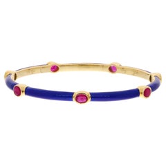 2.3 Carat Oval Ruby Gemstone Enamel Bangle Bracelet 14 Karat Yellow Gold Jewelry