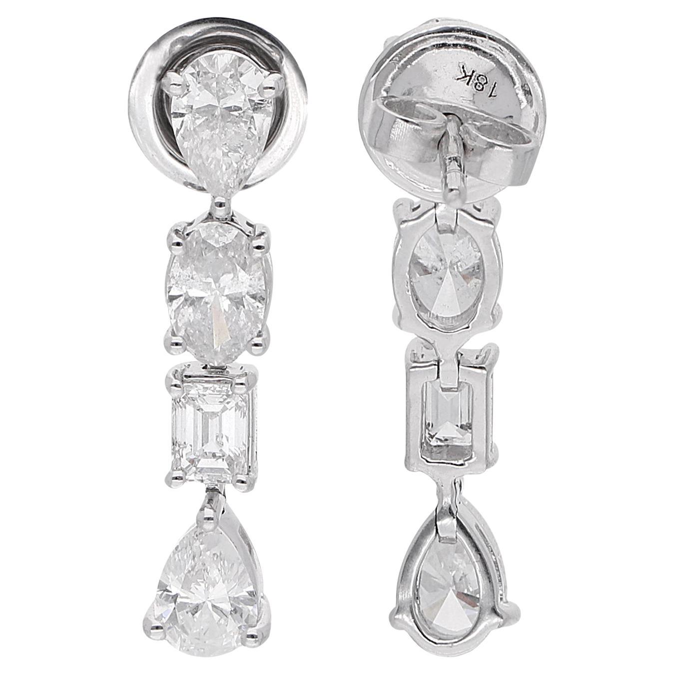 2.3 Carat Pear & Emerald Cut Diamond Dangle Earrings 14 Karat White Gold Jewelry