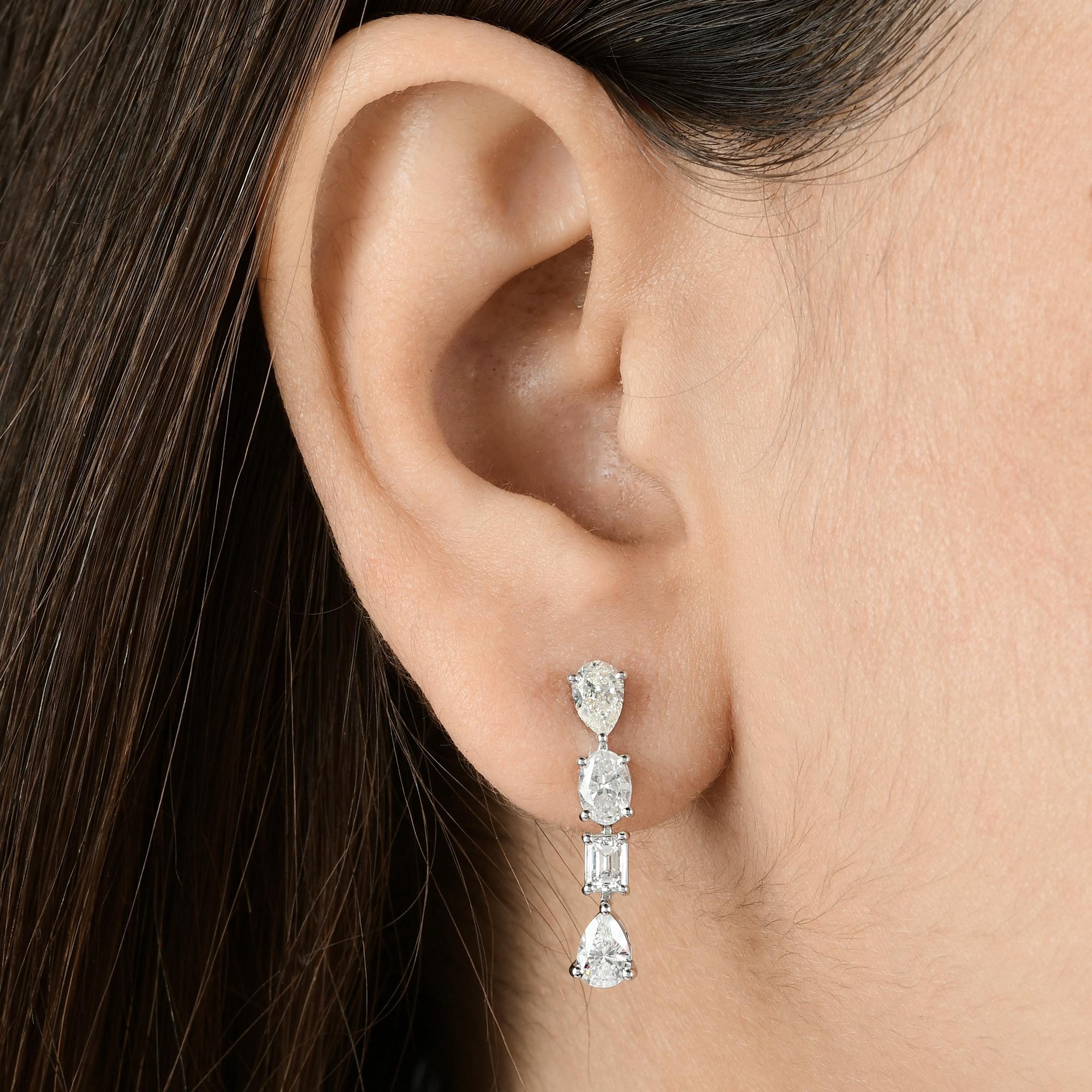 Women's 2.3 Carat Pear & Emerald Cut Diamond Dangle Earrings 18 Karat White Gold Jewelry For Sale