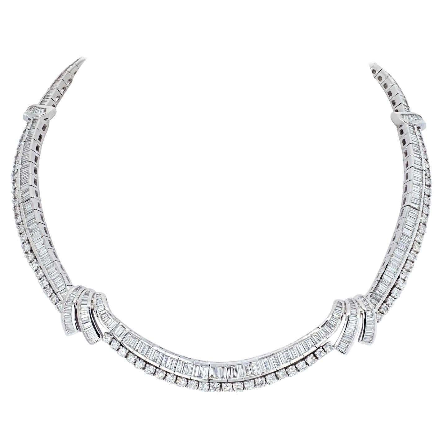 23 Carat Platinum Baguette and Round Diamond Collar Necklace