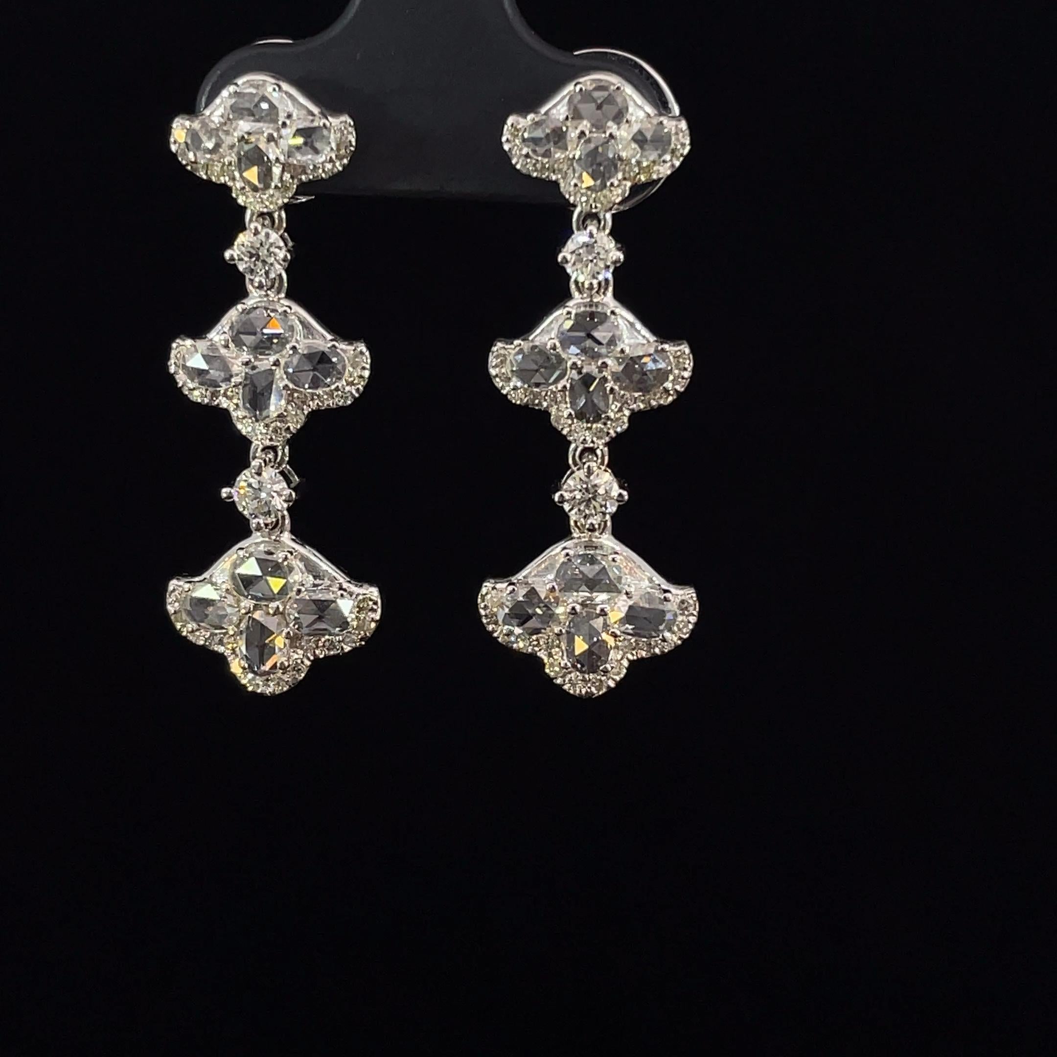 2.3 Carat Rose Cut Tulip Diamond 18K Gold Drops Earring For Sale 1