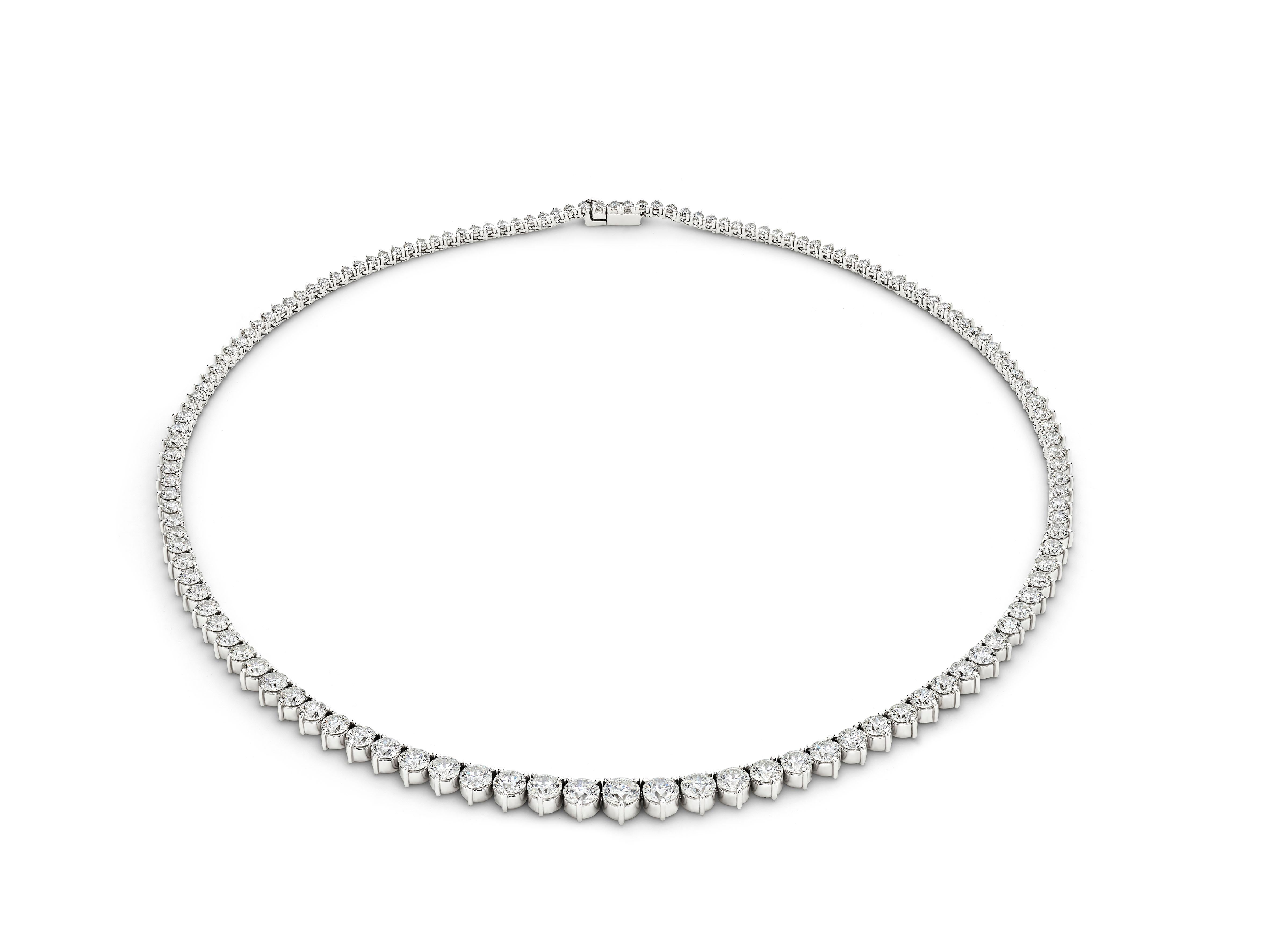 Contemporary 23 Carat Round Diamond 18K White Gold Riviera Tennis Necklace  For Sale