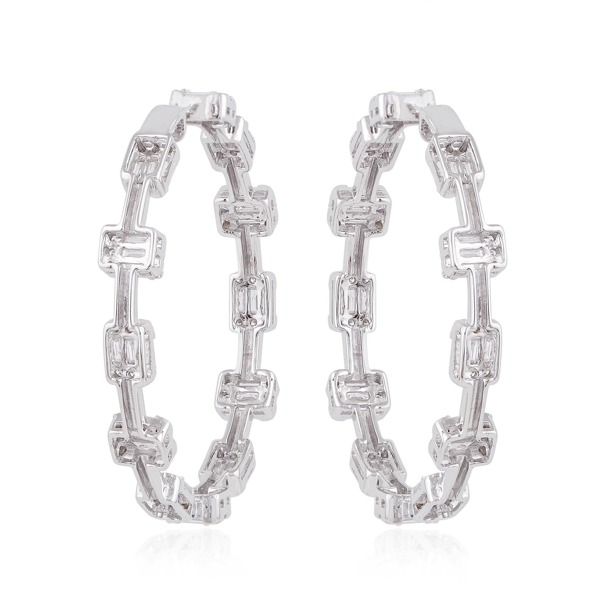 Modern 2.3 Carat SI Clarity HI Color Baguette Diamond Hoop Earrings 18 Karat White Gold For Sale