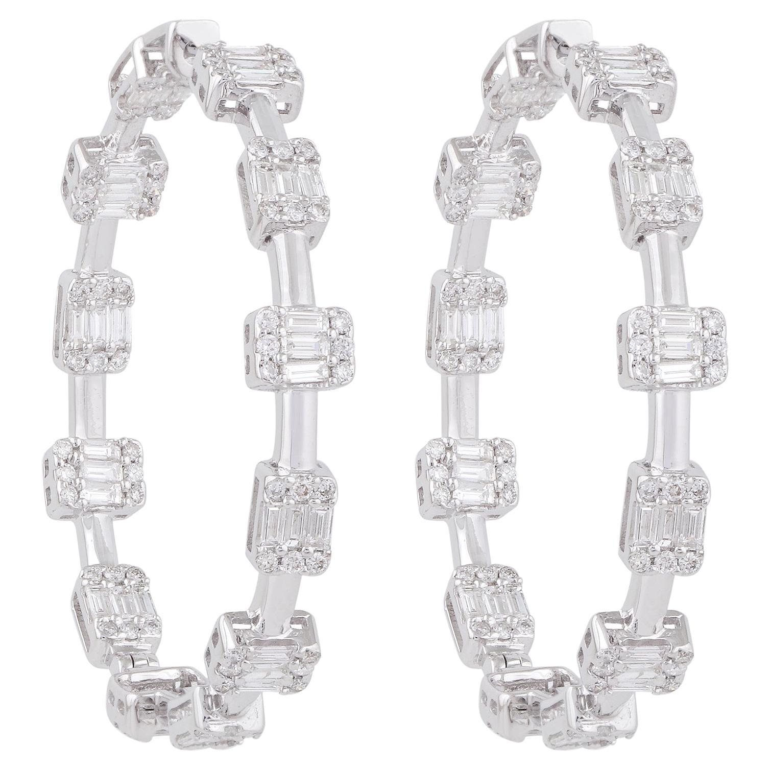 2.3 Carat SI Clarity HI Color Baguette Diamond Hoop Earrings 18 Karat White Gold For Sale